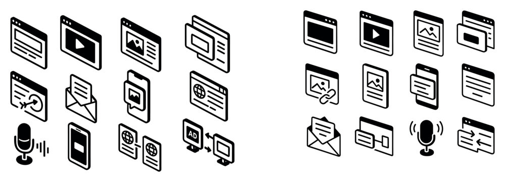 Media interface icons with browser window envelope outline