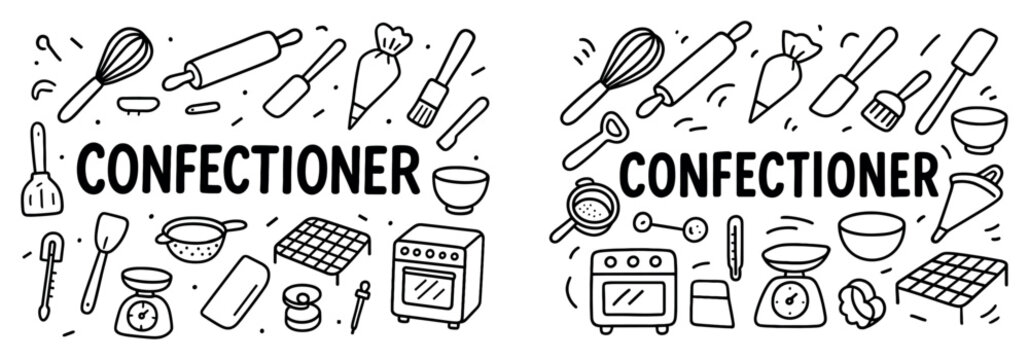 Baking icons with whisk rolling pin piping bag doodle
