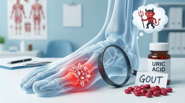 Excruciating human condition: gouty arthritis, uric crystal, joint inflammation, foot disease, severe pain, medical problem, bone structure, painful ailment.