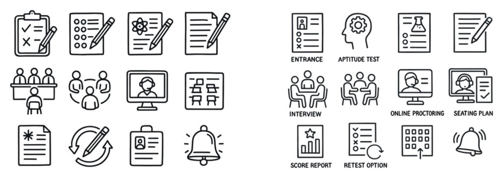 Education icons with clipboard pencil monitor outline minimal