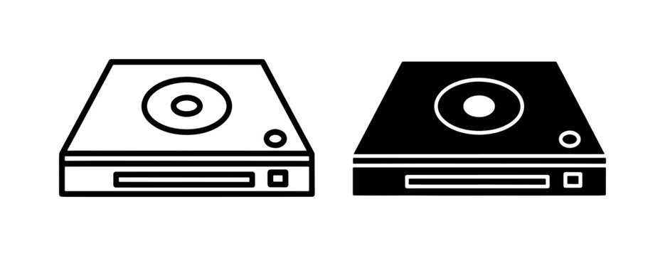 Optical disc drive vector icons, external CD DVD player hardware symbols, black and white computer peripheral line art for technology interface design