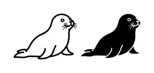 Minimalist seal vector icons, cute marine animal line art, black and white sea lion silhouettes, arctic wildlife character illustrations © Maruf