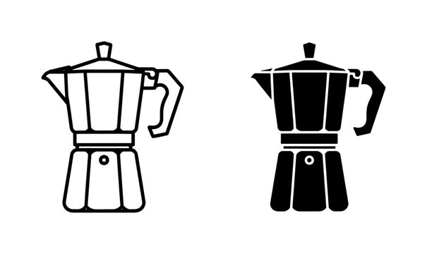Italian moka pot vector icons, traditional stovetop espresso maker silhouettes, black and white coffee brewer symbols for cafe branding
