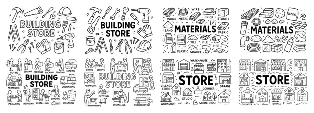 Construction tools and building materials doodles
