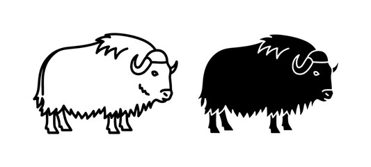 Minimalist musk ox vector icons, black and white arctic animal silhouettes, muskox line art illustrations for educational nature graphics © Saiful