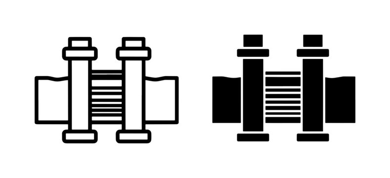 Industrial expansion joint vector icons, metal pipe bellows coupling symbols, plumbing and heating system pipe connector set in line and silhouette style