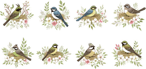 Vintage Garden Bird and Floral Wreath Icon Set with Blue Tit, Sparrow, and Songbirds on Branches for Nature and Spring DesignsVintage Garden Bird and Floral Wreath Icon Set with Blue  © Md