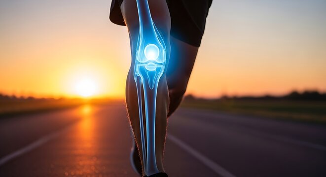 Runner demonstrates glowing skeletal knee joint overlayed against a vivid sunset road scene