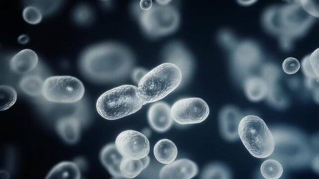 Microscopic view of various bacteria cells floating in a dark blue liquid