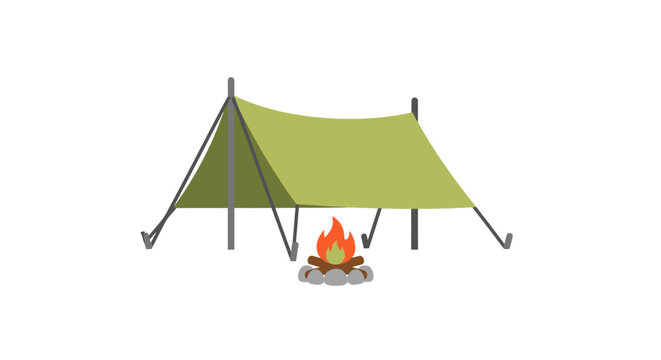 Green tent with camping fire.
