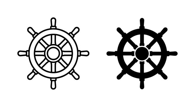 Nautical ship wheel icons in line and silhouette styles, vintage maritime steering wheel vector set, black and white boat helm symbols for marine design