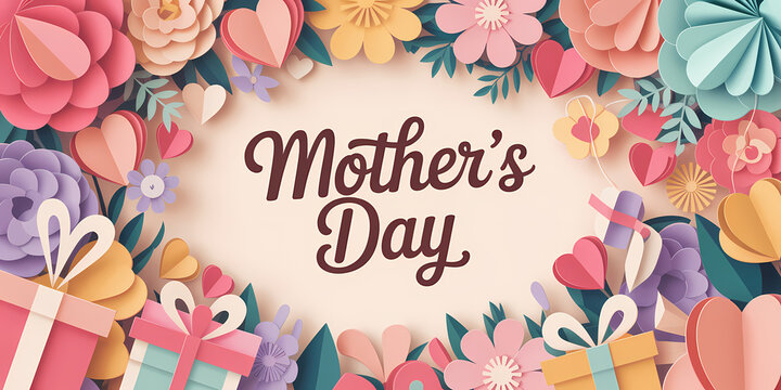 Happy Mother's Day Banner with Paper Cut Floral and Hearts