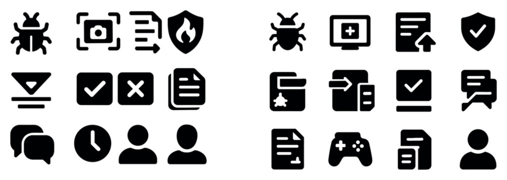 Software icons with bug shield document glyph