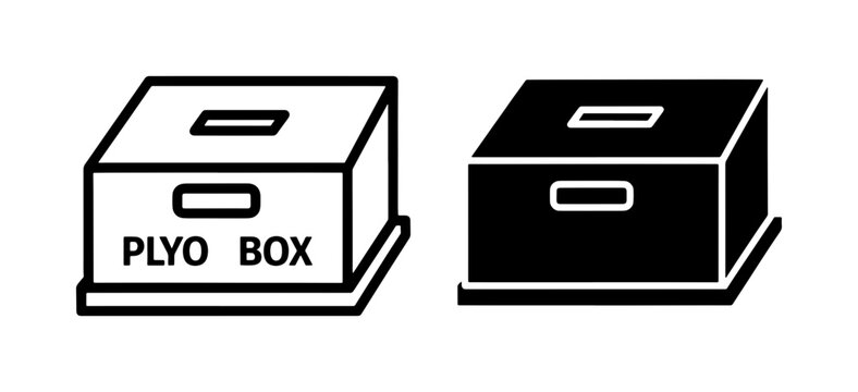 Plyo box vector icons, wooden plyometric jump box for fitness training, gym equipment line art and solid silhouette set for workout apps