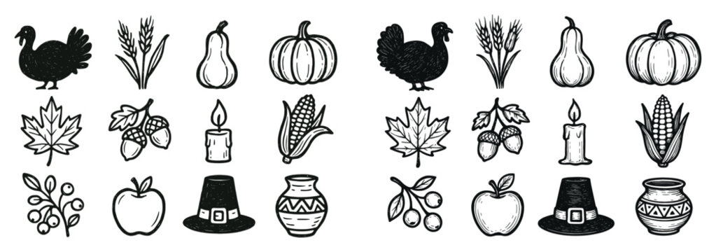 Harvest icons with turkey pumpkin outline