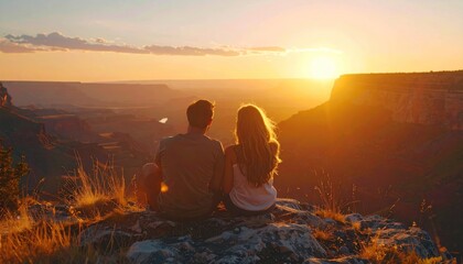 Obraz premium Romantic Sunset View - Couple Enjoying Grand Canyons Golden Hour Together.