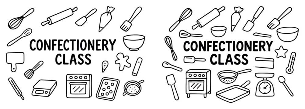 Cooking icons with whisk rolling pin piping bag outline