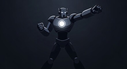 Fototapeta premium A powerful robot stands heroically in a dark background with a glowing light