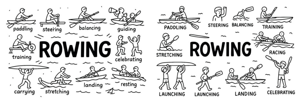 Sports icons with rowboat oar crew outline