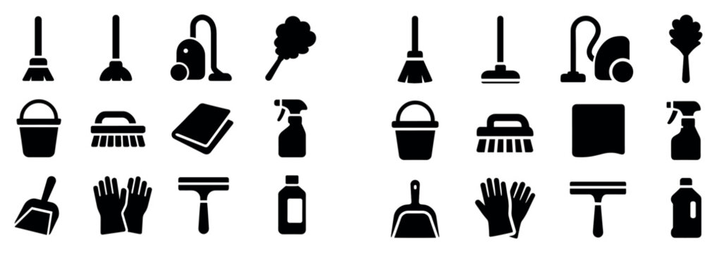Cleaning icons with broom vacuum mop flat