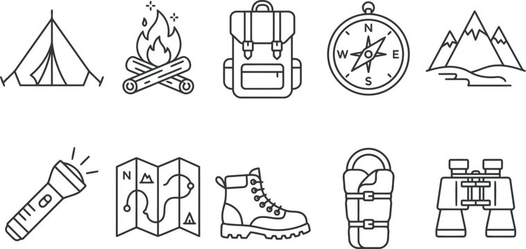 Camping icons set with tent, campfire, backpack, compass, and hiking gear