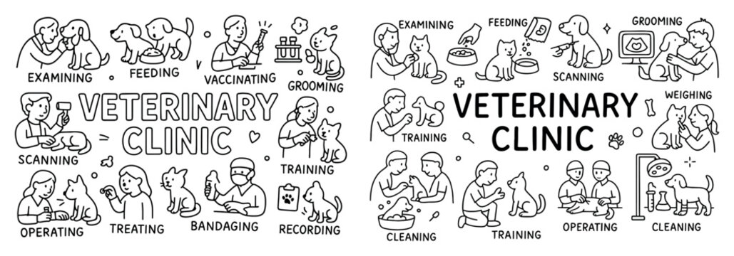 Veterinary clinic icons with dog cat handdrawn