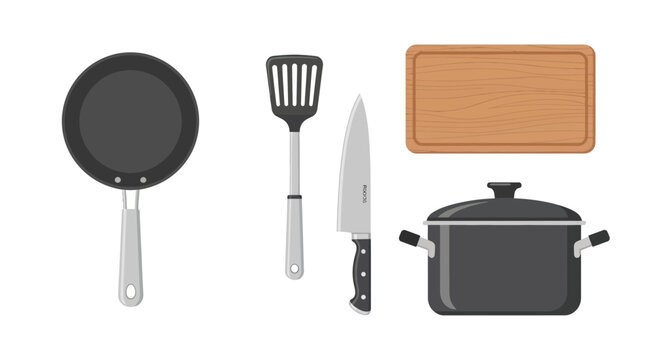 A kitchen scene with frying pan, utensils, cutting board, and pot on counter