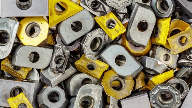 Gebrauchte Wendeschneidplatten zum Drehen oder Fr&auml;sen  in Nahaufnahme von oben in einer Drehbewegung mit Zoom