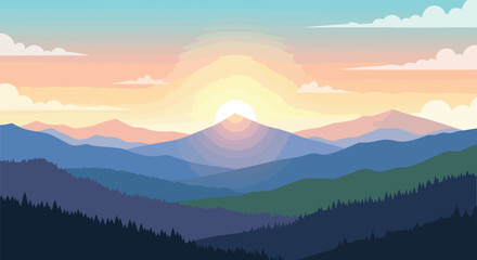 Obraz premium Serene Mountain Landscape at Sunrise, Layers of Peaks and Sky