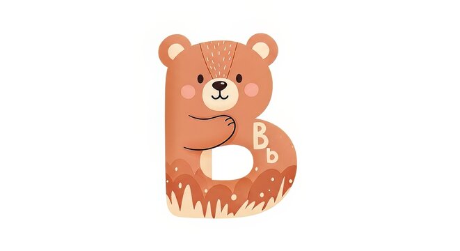 Cute brown bear, alphabet letter B, cartoon character, educational illustration