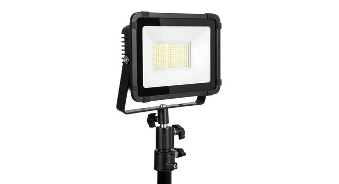 Professional LED floodlight mounted on a stand, isolated on white.