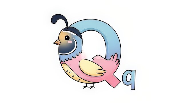 Colorful bird, alphabet, letter q, illustration, cartoon style, educational, kids, learning