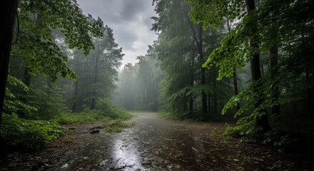 Obraz premium Forest Path Under Heavy Rain and Stormy Skies