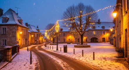 Fototapeta premium Charming European Village Street at Dusk with Snow and Lights