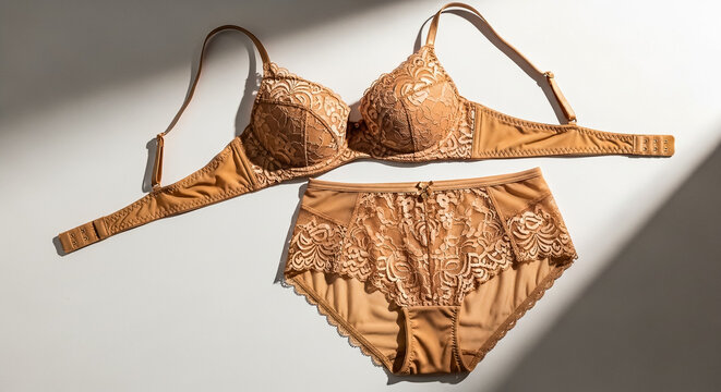 Elegant beige lace lingerie set consisting of a push up bra and matching panties displayed perfectly for a fashion catalogue shoot showcasing luxury feminine undergarments on a bright surface