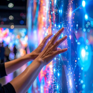 Human hands interacting with a glowing futuristic digital display