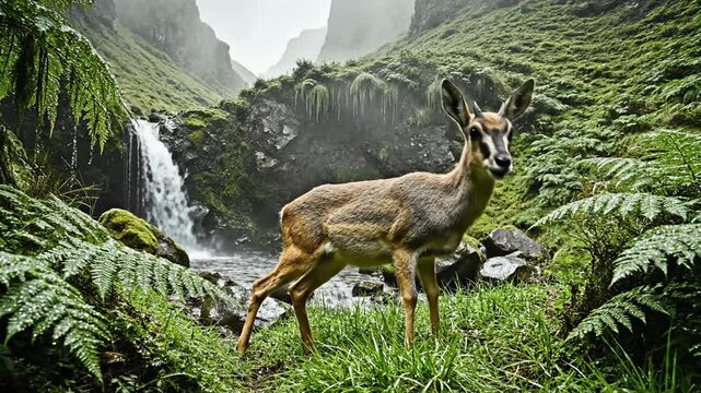 Klipspringer Grazing Near Waterfall in Lush Valley