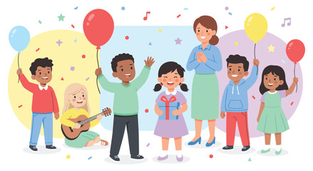 Fototapeta premium Happy multiracial kids partying with teacher flat vector illustration. Smiling school girl holding gift box while friends play guitar and hold balloons. Festive atmosphere with confetti dots.