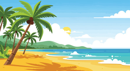 Obraz premium Tropical Beach Landscape with Palm Trees, Ocean Waves, and Sunny Sky