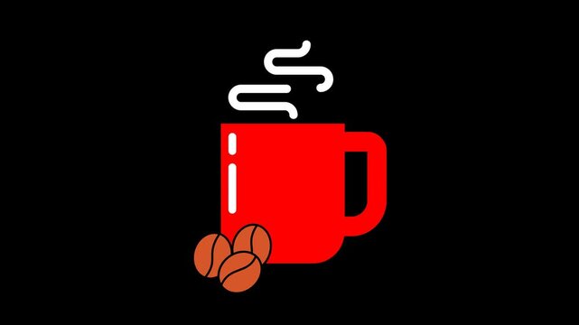 Seamless looping hot coffee animation in a red cup featuring moving steam and beans. Beverage motion graphic on a transparent alpha channel background for cafe and productivity themes