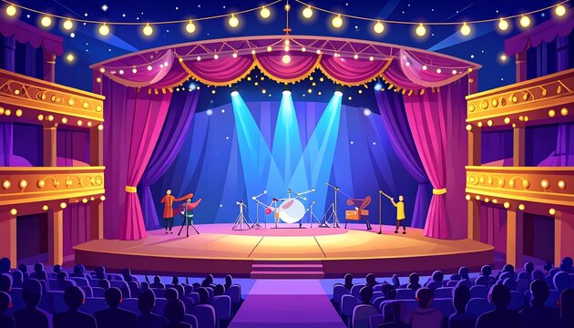 Animated depiction of an orchestra performance on a theater stage, under spotlight, facing seated audience