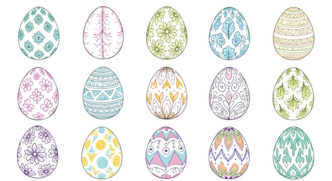 Collection of colorful Easter eggs with various decorative patterns and designs