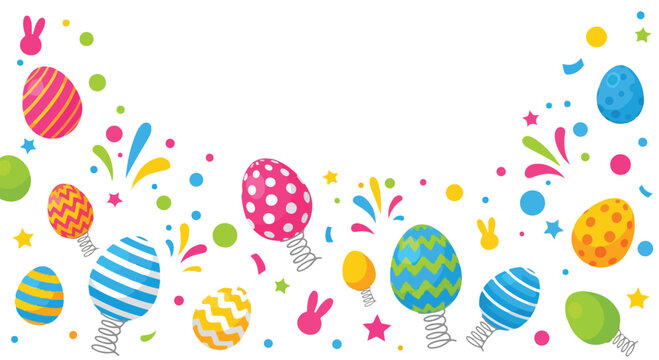 Colorful Easter eggs and bunnies celebration background with confetti