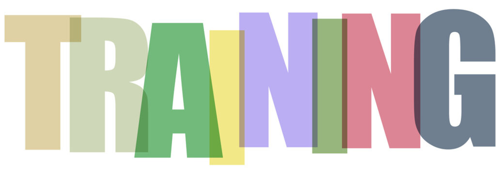 Training text written in colorful overlapping letters isolated on white background