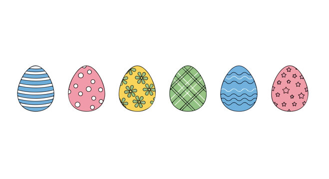 Colorful Easter eggs in various patterns and designs on white background