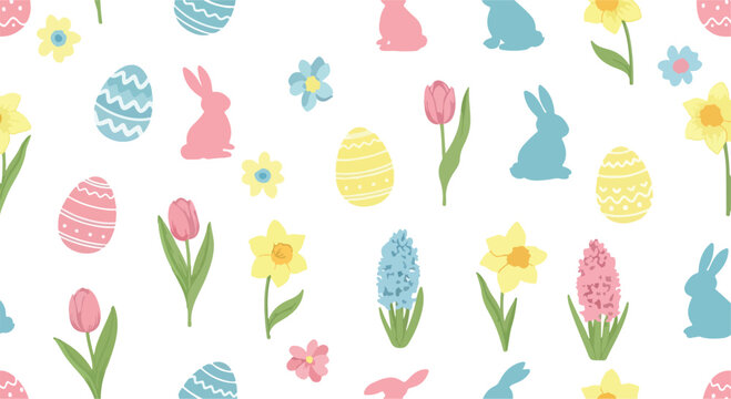 Colorful Easter-themed pattern with bunnies, eggs, tulips, and flowers on white background
