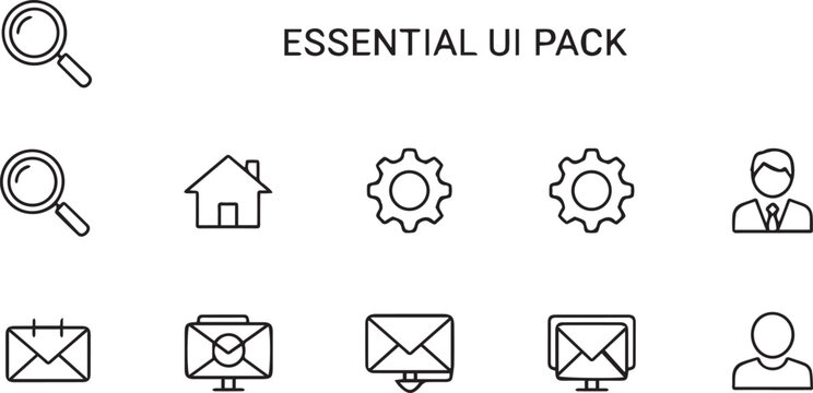 Essential UI pack includes line icons for home navigation, settings, user profiles, and email messaging systems.