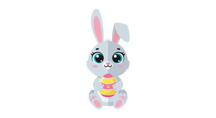 Obraz premium Cute cartoon bunny holding colorful Easter egg on white background