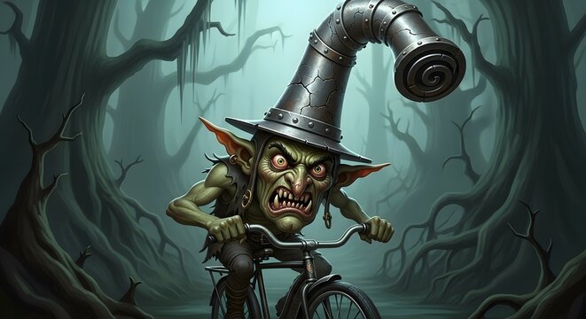 Mischievous goblin creature in a strange metal hat furiously cycles through an eerie, haunted swamp forest at dusk, creating a whimsical yet unsettling fantasy scene