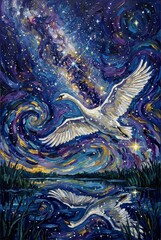 Fototapeta premium Celestial Swan Flight Starry Night Painting